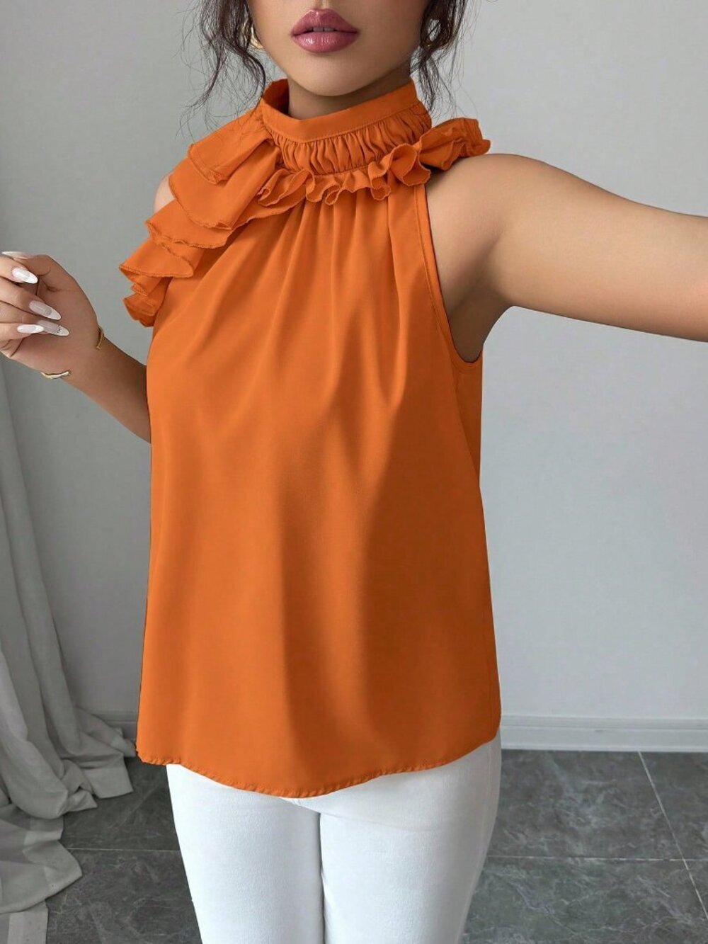 Orange Casual Women's Ruffle Sleeveless Blouse - Picture 3 of 7